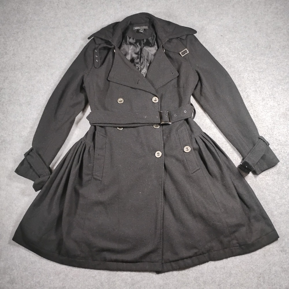Marc Jacobs Trench Coat Dress Women Size 8 Black 100% Wool Pleated Belted Flare